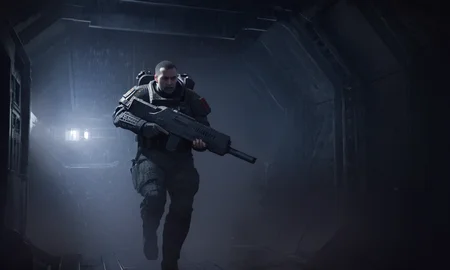 a colonial marine wearing combat armor holding a rifle running through a dark corridor inside a large spacecraft, gritty, atmospheric, cinematic concept art, futuristic science fiction, horror movie, alienrpg <lora:alienrpg:1> <lora:!action-sdxl-V0.5:1> <lora:- SDXL - vanta-black_contrast_V3.0:1> <lora:CinematicStyle_v1:0.5>