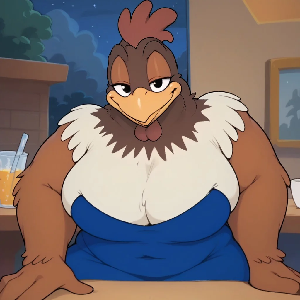 score_9,score_8_up,score_7_up,score_6_up,best quality,masterpiece, background is restaurant, 1girl, solo, sitting, pov date, across table pov, across table,(night:1.3), drinks on table,
BREAK
ccluck, blue dress, chicken comb, jewelry, female furry, female chicken, black eyes, beak, seductive, (huge breasts:0.9), (shortstack:0.5), chubby, looking at viewer