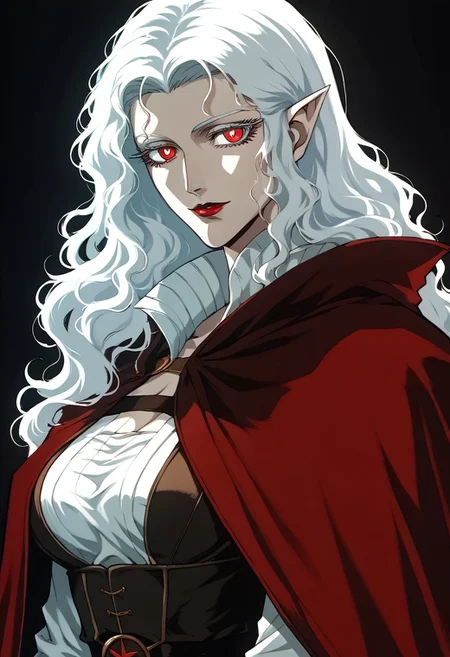 score_9, score_8_up, score_7_up, score_6_up, otherworldly, masterpiece, best quality, simple dark background, mysterious forest, woman, elf, long wavy hair, white hair, seductive smile, sexy, very beautiful, ethereal beauty, bangs, bangs covering forehead, blue eyes, white eyelashes, red pupils, deep blue long cloak, blue layered clothing, slavic attire, northern clothes, vampire hunter, disturbing vibe, warrior, solo, female, elegant, waist-length portrait, dramatic lighting, tall, wide hips, narrow waist
<lora:Vampire_Hunter_D_Bloodlust_Style:1> v4mpd, retro artstyle