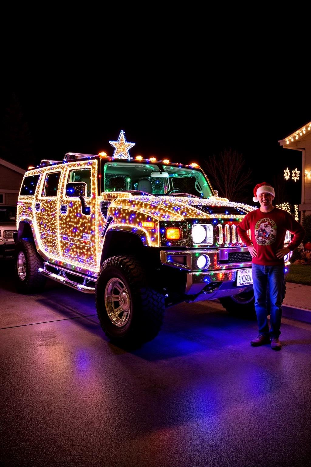 A festive and humorous scene featuring a man proudly posing beside his Hummer, which is extravagantly decorated with bright, colorful Christmas lights. The large vehicle is completely outlined with twinkling lights in red, green, gold, and blue, wrapping around the windows, grille, roof, and massive tires, creating a glowing, eye-catching display.
The man, dressed in a holiday sweater and Santa hat, stands confidently next to the Hummer with his hands on his hips, a big grin on his face, clearly proud of his work. A few strands of lights drape onto the ground for an extra playful touch, and reflections of the lights glimmer faintly on the pavement. The background features a quiet suburban street at night, with faint snowflakes falling, and a soft glow of holiday lights in distant houses. The mood is cheerful and fun, capturing the over-the-top spirit of festive car decorating.
 <lora:xmaslight1_nocap_d6a3:0.6><lora:808015964366127351:0>