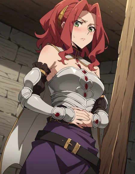score_9, score_8_up, score_7_up, source_anime, <lora:malty-melromarc-s1s2s3-ponyxl-lora-nochekaiser:1>, malty melromarc, long hair, green eyes, red hair, parted bangs, ponytail, medium breasts, bare shoulders, belt, cape, armor, breastplate,, trench, dirt, warfare, shelter, depth, , hands on stomach, blush,, looking at viewer, solo,, dutch angle, cowboy shot