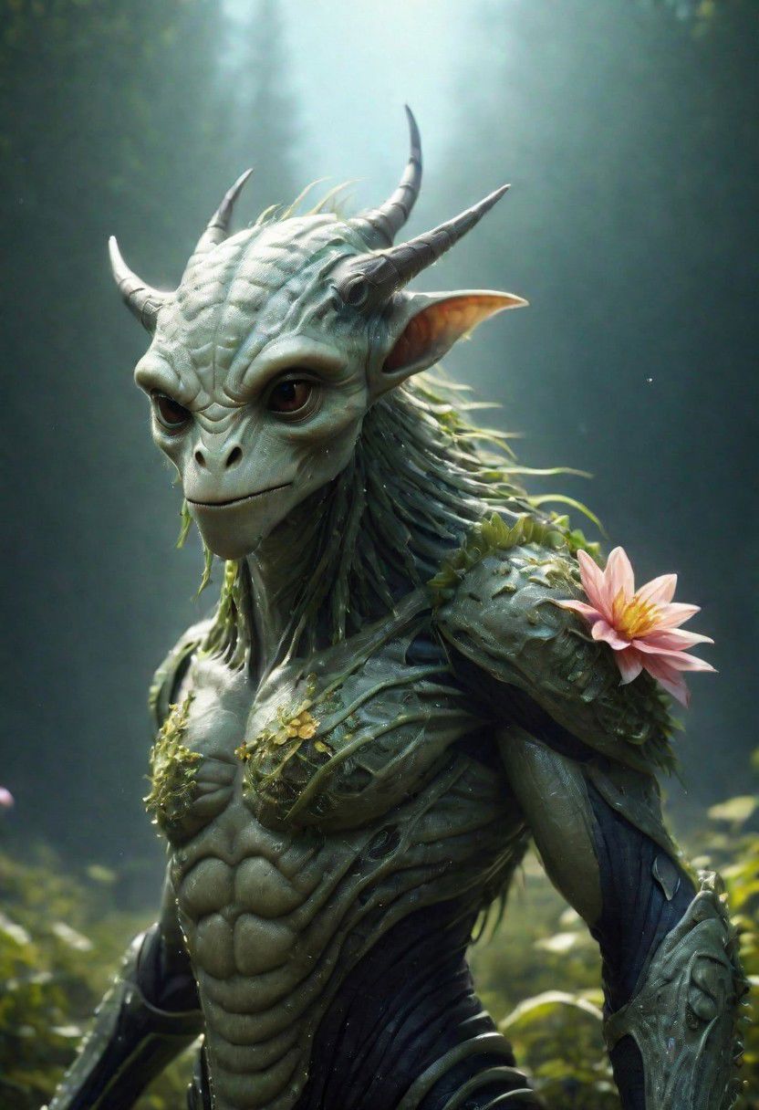 8k fullbody detailed photorealistic scary Creature in the light spacesuit in the mysterious planet with flowers, green forest of mysterious planet and a luminous spreading plants with thin stems and spaceships in the background, beautiful space and clear sky with clouds around, photorealistic skin, natural photorealistic light<lora:xl_more_art-full_v1:0.4>