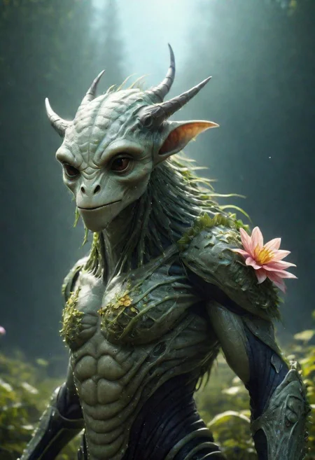 8k fullbody detailed photorealistic scary Creature in the light spacesuit in the mysterious planet with flowers, green forest of mysterious planet and a luminous spreading plants with thin stems and spaceships in the background, beautiful space and clear sky with clouds around, photorealistic skin, natural photorealistic light<lora:xl_more_art-full_v1:0.4>