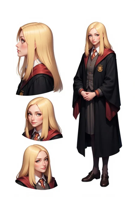 CharacterDesignFLUX,reference sheet,white background,simple background,multiple views, upper body, front, from side, color palette reference, high_detailed, captured in high detail, blond, girl, hogwarts, student, arrogant, holding hands, arrogant, diligent, serious, professionnal stance, humble stance, judgemental, hogwarts school uniform, school uniform, mean girl face, smile, woman, smiling, sadistic smile, evil intention, popular girl,