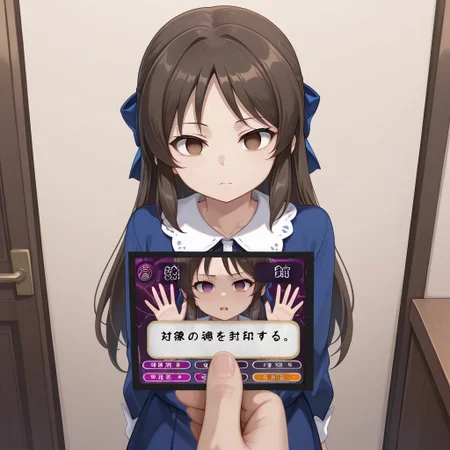 highres, masterpiece, best quality, very aesthetic, absurdres, (empty eyes), hypnosis, mind control, 1girl,  tachibana arisu, cowboy shot, expressionless, incrd, trading card, card, holding card, pov, id photo, card game, mind control, empty eyes, character name, club, lounge, (shiki_(psychedelic_g2):0.8),