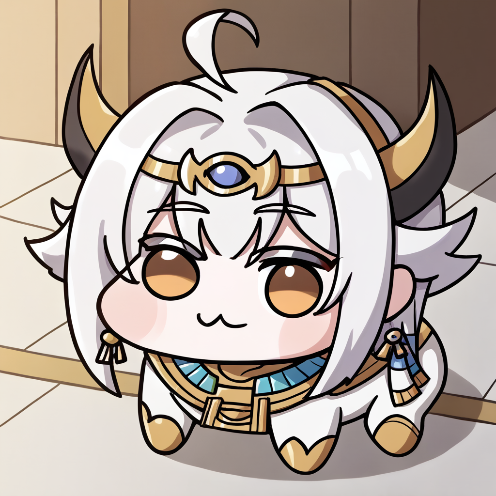 doro, creature, :3, chibi, no humans, four legs, solid circle eyes, no pupils, white skin, <lora:Doro_X_PDXL_V1:1.0>, <lora:cainkr-ponyxl-beta2-07:0.9>, cainkr, circlet, fake horns,earrings, egyptian clothes, ahoge,