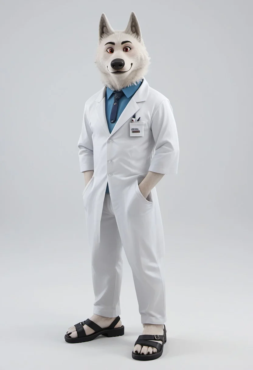 core_9, score_8_up, score_7_up, score_6_up, score_5_up, score_4_up, detailed fur, detailed face, Gary, Wolf, Timberwolf, White fur,gary, big chin, anthro wolf, solo, dressed,stethoscope, labcoat, t-shirt,long trousers,man's sandals,plartform, high heels, stetoscope, doctor, kardiosurgeon, 1 boy, shrugging, smiling,