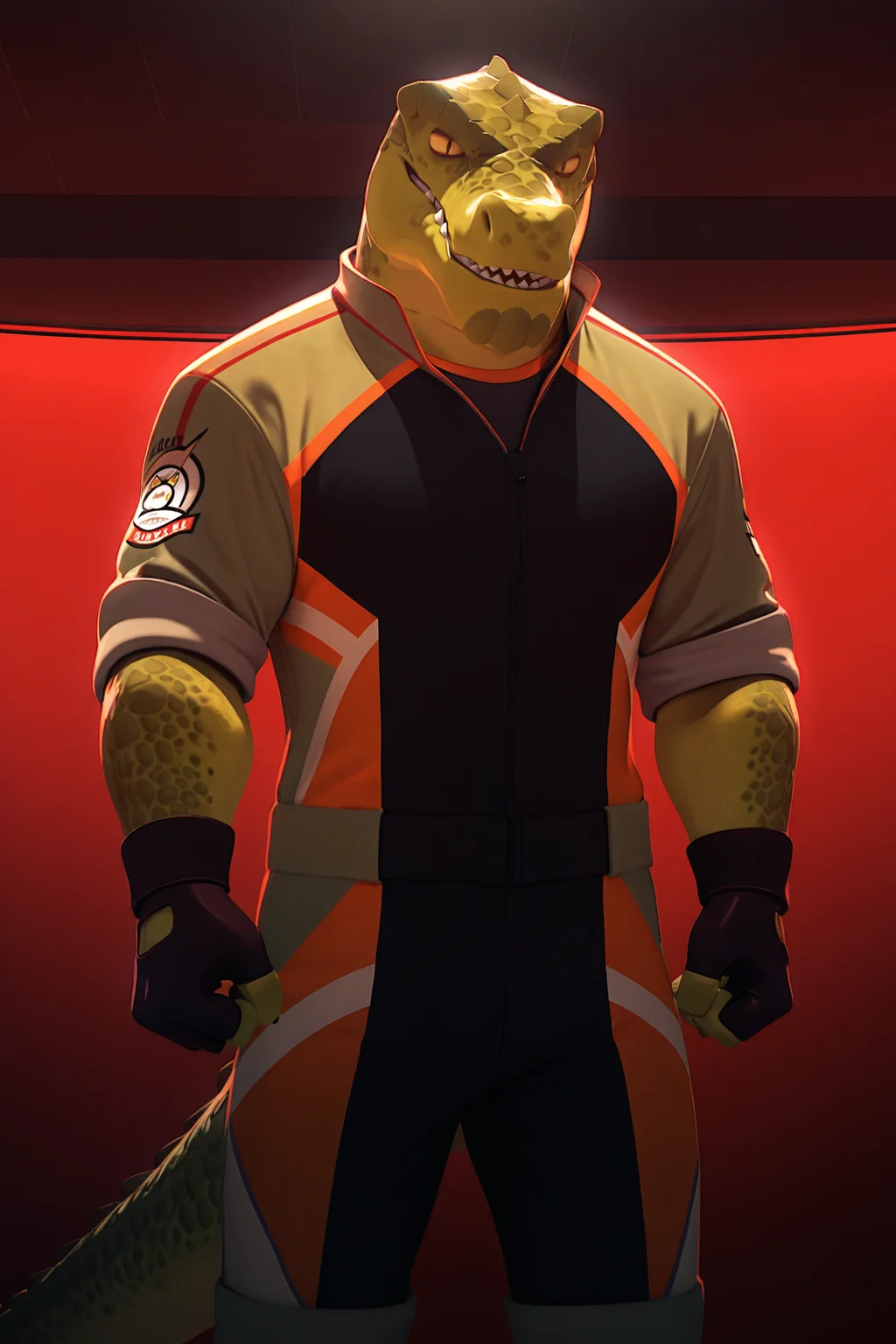 masterpiece, best quality, amazing quality, very aesthetic, absurdres, newest, anthro, scalie, crocodile, male, muscular build, green scales, confident smirk, standing pose, green racing suit, multi-colored jumpsuit, sharp jawline, intense gaze, upscale atmosphere, urban night setting, soft reflections, moody lighting, city skyline in background, cinematic angle, glossy textures, fashionable, powerful presence, modern elegance, spotlight effect, high detail scales, realistic lighting<lora:Krom_Illustrious:1> <lora:waiNSFWIllustrious_v110:1>