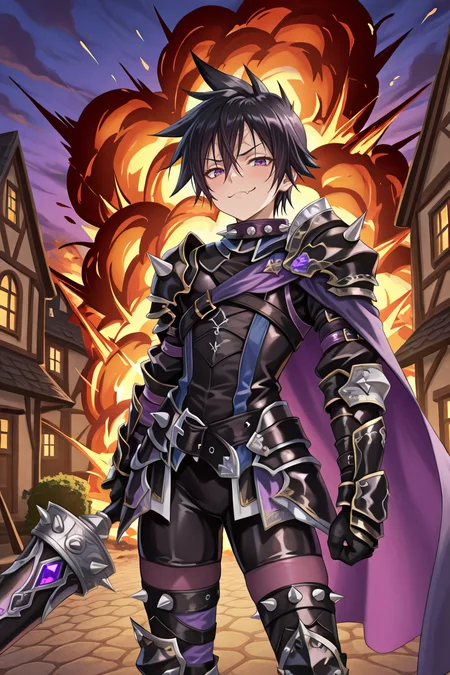 <lora:LeonIL:0.8> , LeDef, 1boy, purple eyes, scar on forehead, spiked hair, black hair, spiked collar, spikes, spiked armor, shoulder spikes, armor, black armor, faulds, purple faulds, gauntlets, black gauntlets, cape, purple cape, black bodysuit, bodysuit under clothes, spiked belt, greaves, black greaves, spiked shoes, spiked thighhighs, purple thighhighs, cowboy shot, frown, smug, daytime, bloodstained armor, exterior, fancy house, explosion in background, burning houses, holding lance, masterpiece, very aesthetic, absurdres, best quality, amazing quality, high resolution, <lora:illustrious_quality_modifiers_masterpieces_v1:0.8> , <lora:ChamIllustriousBackgroundEnhancer:0.5>,