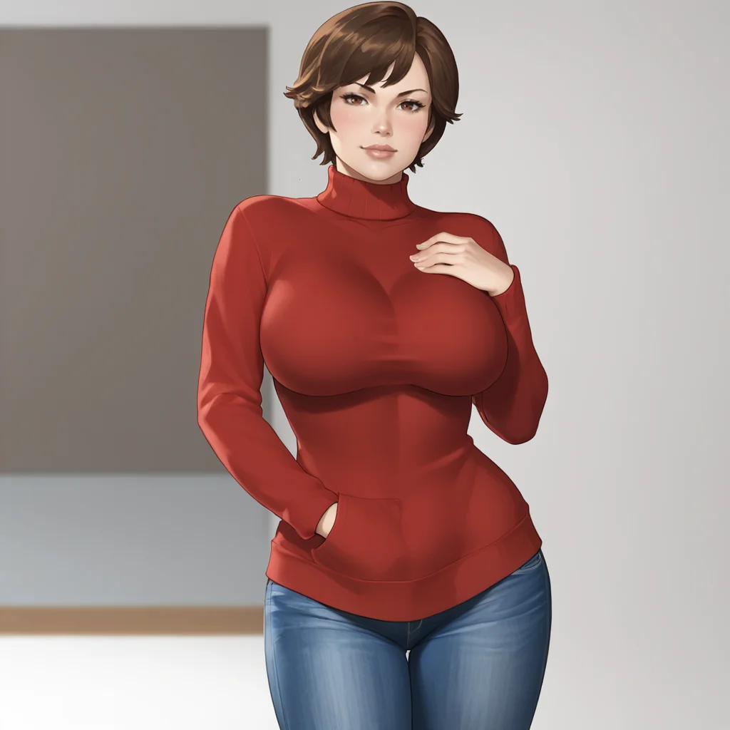 <lora:wasp_pony_v1:1> waspjanet, 1girl, short hair, brown hair, brown eyes, lips, cowboy shot, giant breasts, sweater, jeans