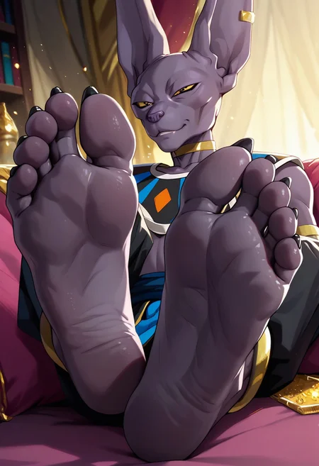 beerus, male, masculine,, score_9, score_8_up, score_7_up, score_6_up, score_5_up, score_4_up zPDXL, solo, light effects, (high quality:1), (feet close view:1.5), (feet focus:1.5), laying back, showing feet, 5 toes, black claws