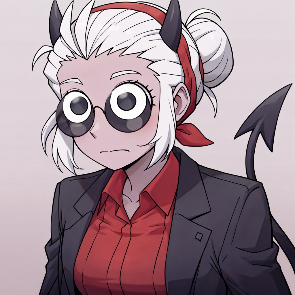 masterpiece, best quality, newest, absurdres, highres, anime, anime style, GUGIL-V1.0, googly eyes, 1girl, justice (helltaker), white hair, short hair, hairbun, black horns, demon girl, demon tail, eyes visible through eyewear, black jacket, open jacket, red shirt, tail, red hairband,