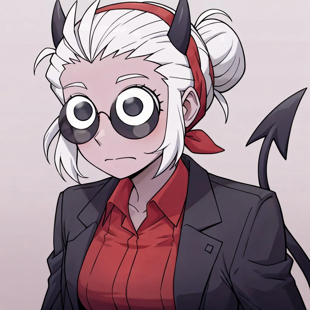 masterpiece, best quality, newest, absurdres, highres, anime, anime style, GUGIL-V1.0, googly eyes, 1girl, justice (helltaker), white hair, short hair, hairbun, black horns, demon girl, demon tail, eyes visible through eyewear, black jacket, open jacket, red shirt, tail, red hairband,