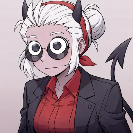 masterpiece, best quality, newest, absurdres, highres, anime, anime style, GUGIL-V1.0, googly eyes, 1girl, justice (helltaker), white hair, short hair, hairbun, black horns, demon girl, demon tail, eyes visible through eyewear, black jacket, open jacket, red shirt, tail, red hairband,