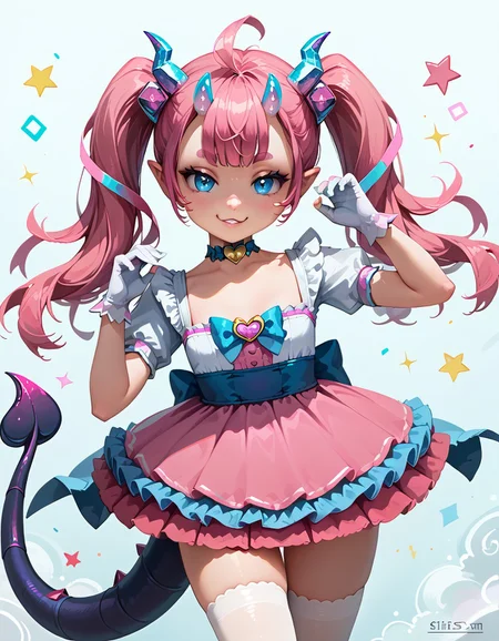 score_9, score_8_up, score_7_up, pastel colors, colorful, masterpiece, perfect face, post processing, slender thighs, skinny, 
circus bedroom background, daytime, looking at viewer, 
Cute pose, dancing, 
smug face, pastel colors, 
(chibidokidef, pink hair, bow, thick eyebrows, horns, gloves, tail, pink skirt, white thighhighs, choker),
1 girl, solo, Expressiveh, AissistV2, concept art, realistic, 1girl, perfectly flat chest, tiny perky tits