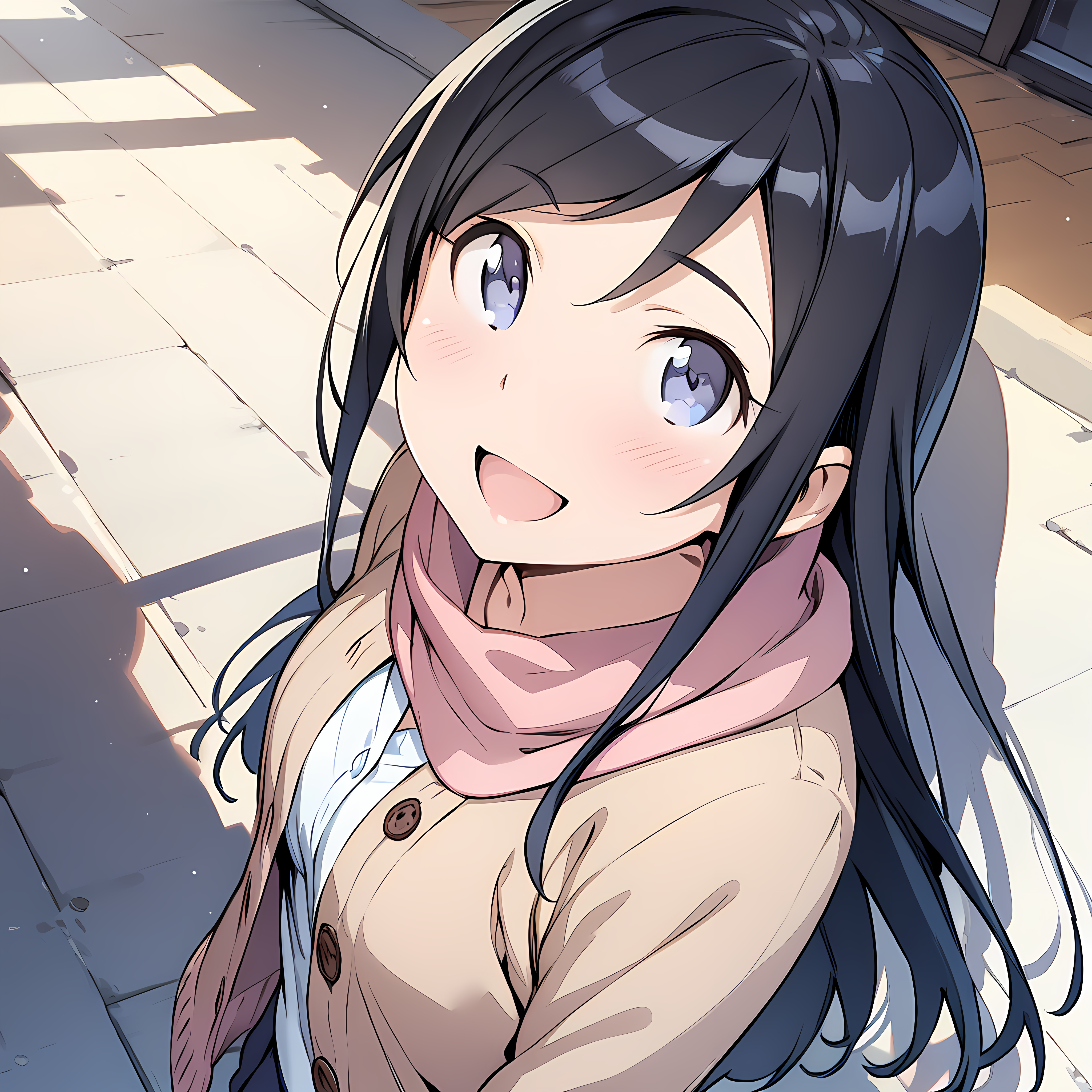 (masterpiece),(best quality),(ultra-detailed),(best illustration),(best shadow),(absurdres),(detailed background),(very aesthetic), ayase aragaki, 1girl, solo, long hair, black hair, scarf, open mouth, blue eyes, blush, smile, cardigan <lora:Ayase_Aragaki_-_Oreimo:1>