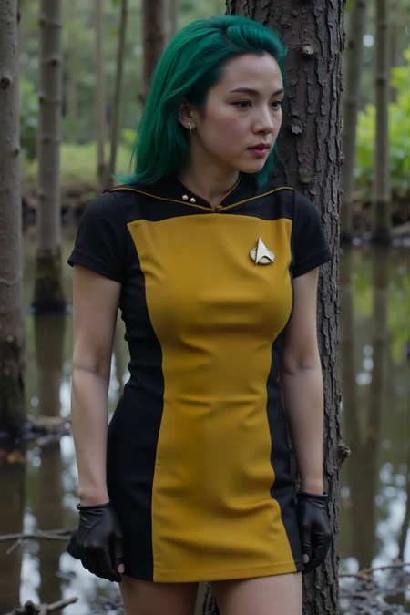 a high quality sharp photo still of green haired woman with goth makeup wearing yellow STSKNT short uniform with black shoulders and sides and with short sleeves leaning against a dead tree in a swamp.<lora:ST_SKANTV2_FLUX><lora:aidmaMJ6.1-FLUX-V0.1:0.6><lora:Movie_Portrait><lora:Flux DetailerV2>