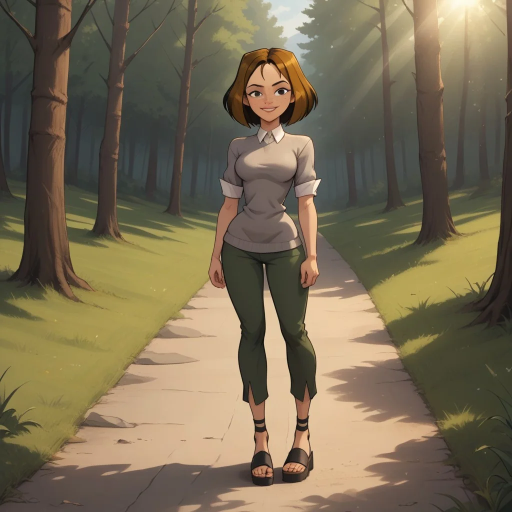score_9, score_8, BREAK, solo, brown hair, black eyes, lips, collared shirt, grey sweater, short sleeves, green pants, dark skin, sandals, freckles, breasts, Total Drama, Courtney_(Total_Drama), sexy pose, smile, outdoors, sunlight, shadows, evening lighting, natural lighting, forest, trees, grass, orange sky, sunset