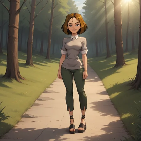 score_9, score_8, BREAK, solo, brown hair, black eyes, lips, collared shirt, grey sweater, short sleeves, green pants, dark skin, sandals, freckles, breasts, Total Drama, Courtney_(Total_Drama), sexy pose, smile, outdoors, sunlight, shadows, evening lighting, natural lighting, forest, trees, grass, orange sky, sunset