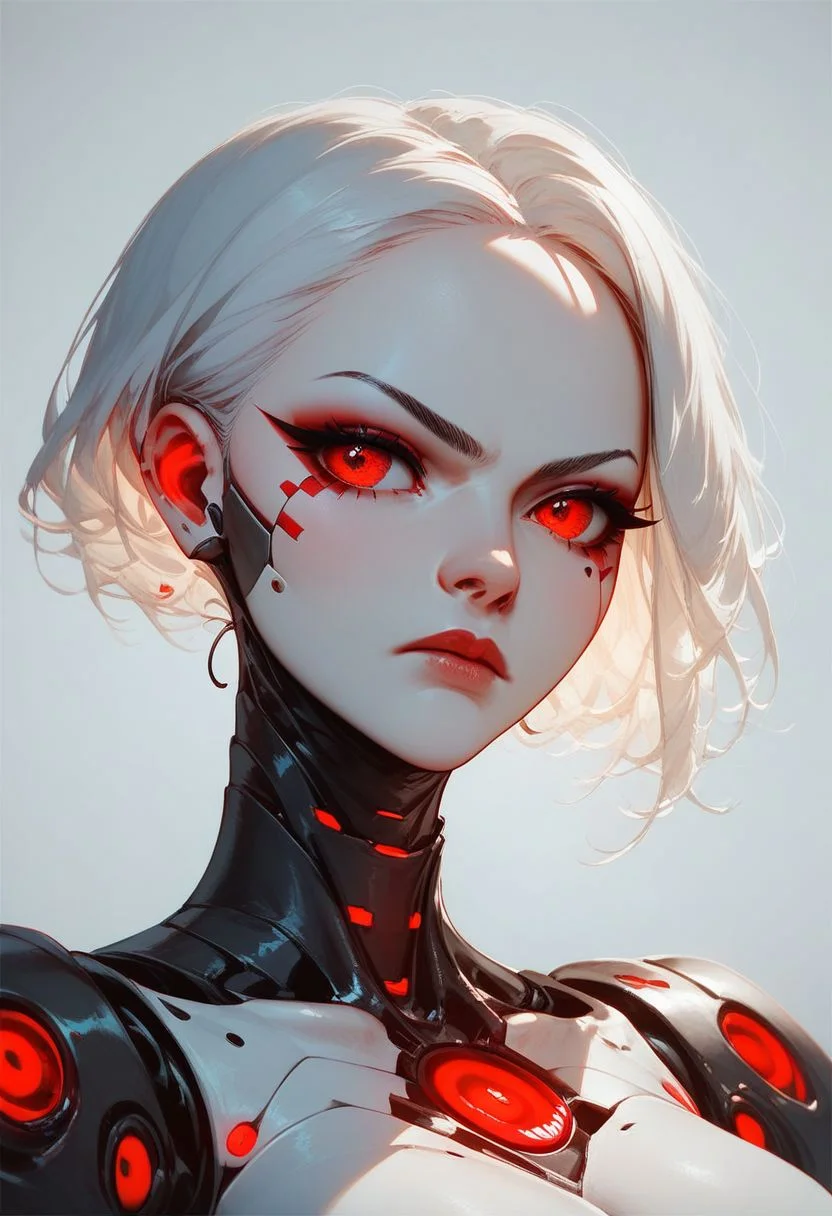 score_9, score_8_up, score_7_up, score_6_up, 1girl, android, robot, serious, white hair, studio photo, red eyes, red leds, cinematic lighting, neon, thick white character outline, semi-realistic