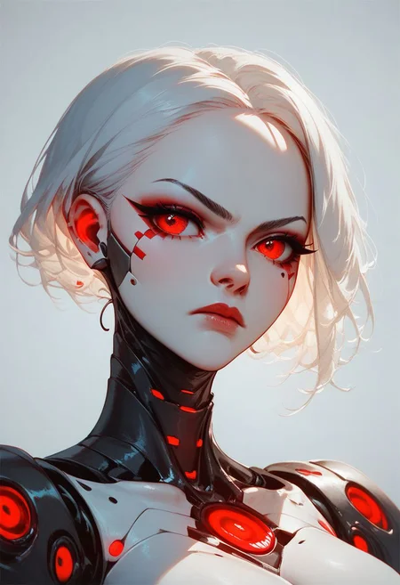 score_9, score_8_up, score_7_up, score_6_up, 1girl, android, robot, serious, white hair, studio photo, red eyes, red leds, cinematic lighting, neon, thick white character outline, semi-realistic