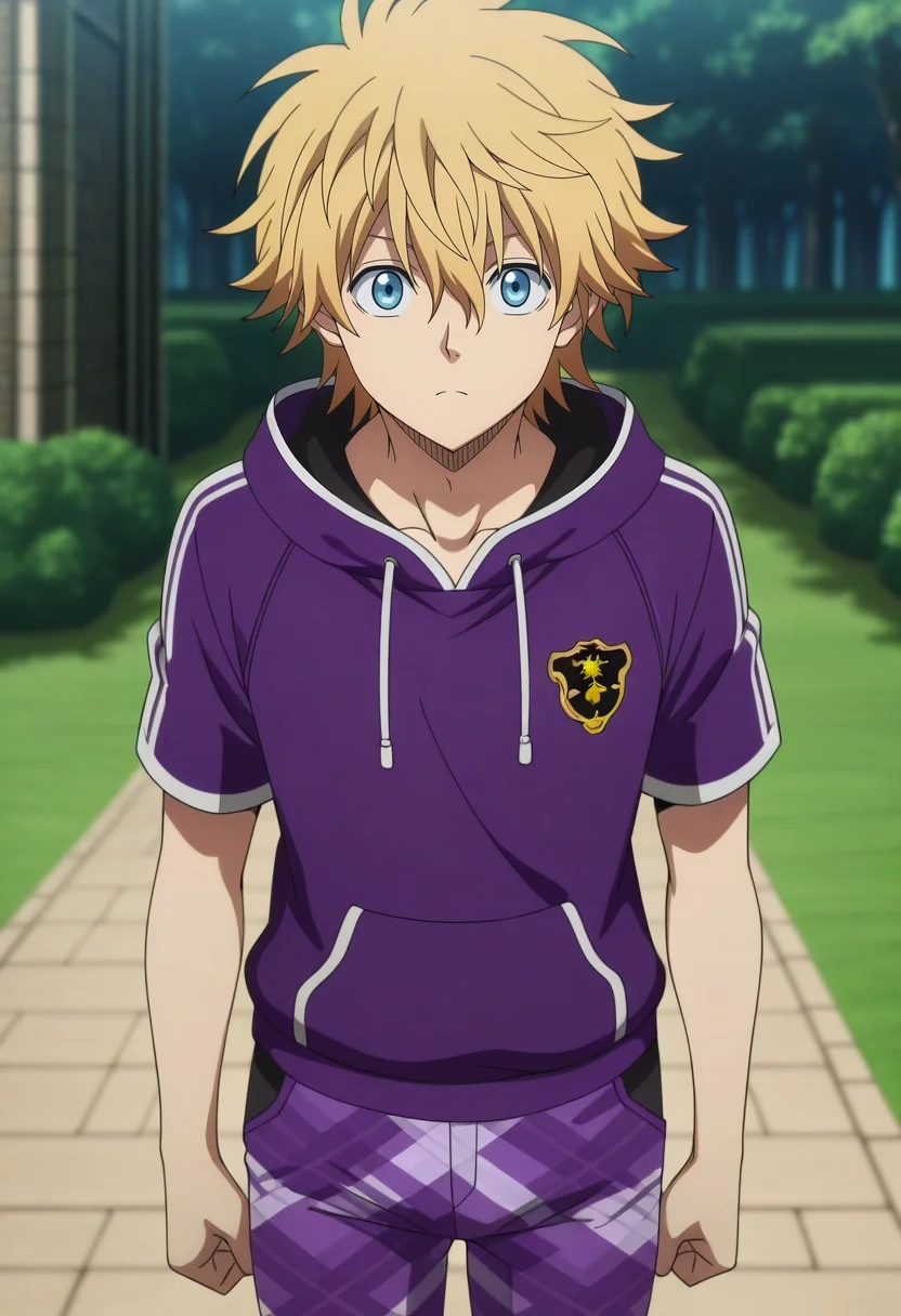masterpiece, best quality, , anime screencap, anime coloring, official style, looking at viewer, 1boy, solo, male focus, <lora:luck_voltia_ilxl:0.9>, luck_voltia, blonde hair, blue eyes, short hair, hair between eyes, , , , Wide-leg pants, RoyalPurple Linen Tartan Rugby hoodie, , , and