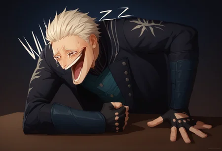 score_9, score_8_up, score_7_up, 1boy, Wheeze, open mouth, tears, laughing, <lora:Wheeze_XLPD:1>, hand on table, english text, clenched hand, <lora:dmc5_vergil_ponyXL:1> dmc5vergil, black coat, fingerless gloves,