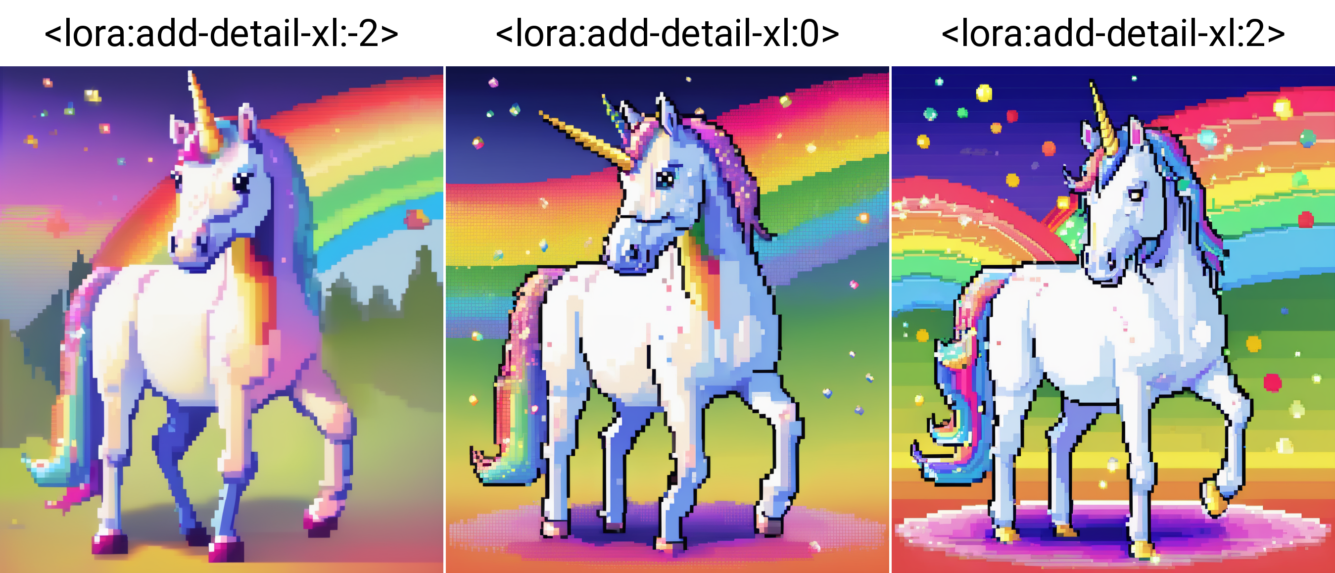 unicorn with rainbow in background, and rainbow sparkles coming from its ass, pixel-art, flat colors, dithered, <lora:add-detail-xl:-2>