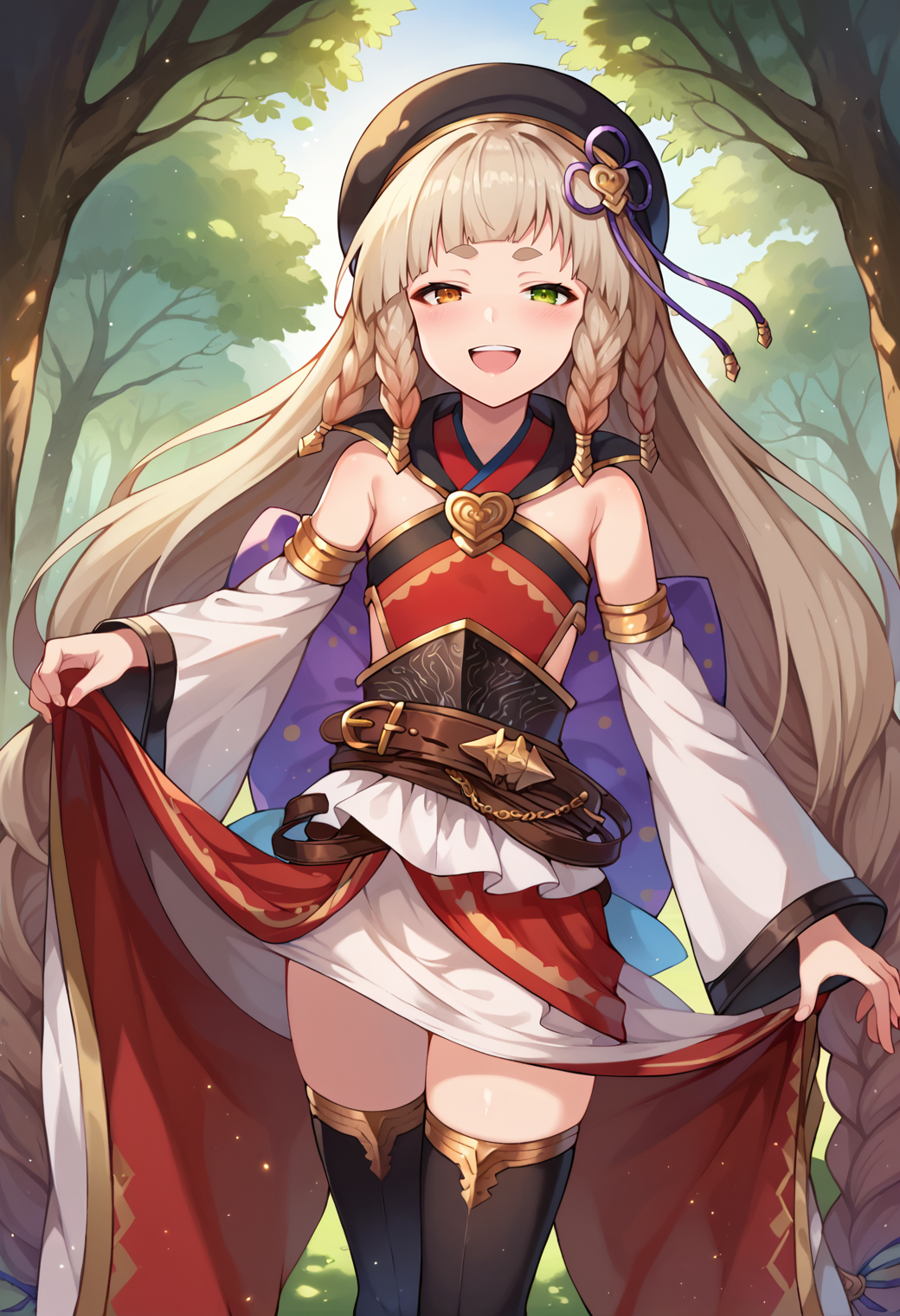 score_9, score_7_up, hd, (ultra hd quality details), source_anime, outdoors,
solo, 1girl, gbfpholia, erune, brown eyes, green eyes, heterochromia,
phldef, multiple braids, beret, armored dress, bare shoulders, detached sleeves, wide sleeves, belt, white skirt, black thighhighs,
looking at viewer, blush, smile, upper teeth only, half-closed eyes,
standing,
<lora:_pholia_gbf-elesico-ponyC:1>