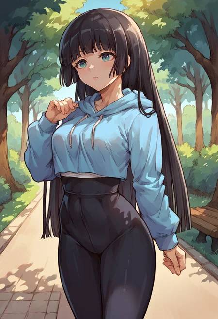 score_9, score_8_up, source_anime, 1girl, solo, SoryuinAkemi, long hair, hime cut, outdoors, park, blue hoodie, high-waist pants, yoga pants, black pants, light blush, <lora:ChamSoryuinAkemiPonyXL:1>