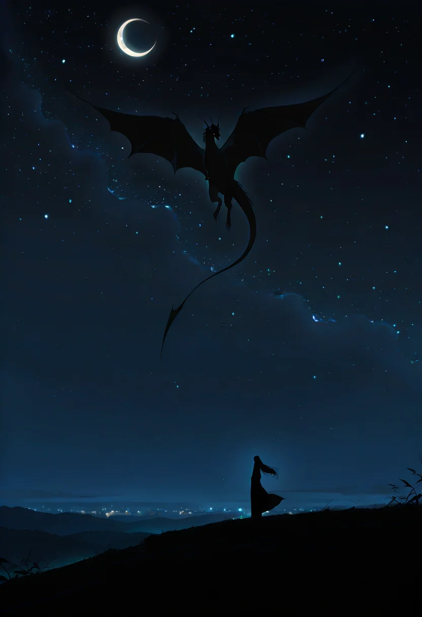 wat, star (sky), sky, starry sky, night, 1girl, night sky, silhouette, long hair, standing, moon, outdoors, dragon, scenery