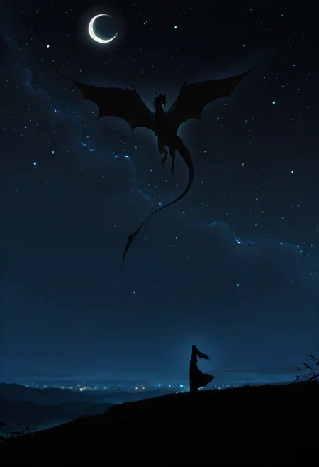 wat, star (sky), sky, starry sky, night, 1girl, night sky, silhouette, long hair, standing, moon, outdoors, dragon, scenery