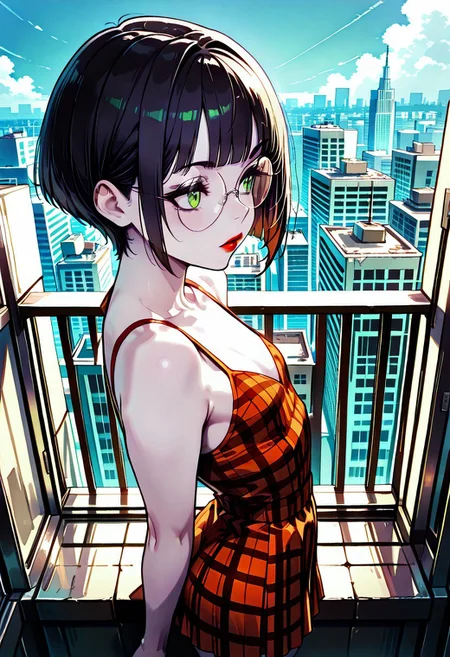 masterpiece, best quality, 32k, high resolution, absurdres, Polly, PollyRH,short hair, bobcut, black hair, bangs, green eyes, small breasts, almost flat chest, slim, pale skin, big round eyeglasses, clear eyeglasses lenses, nice round ass, red lipgloss, dynamic angle red tartan sleeveless dress, chocker, spiky wristbands, standing up, sexy look, outdoor, city, day, face closeup, looking away, pensive, parted lips, high angle view