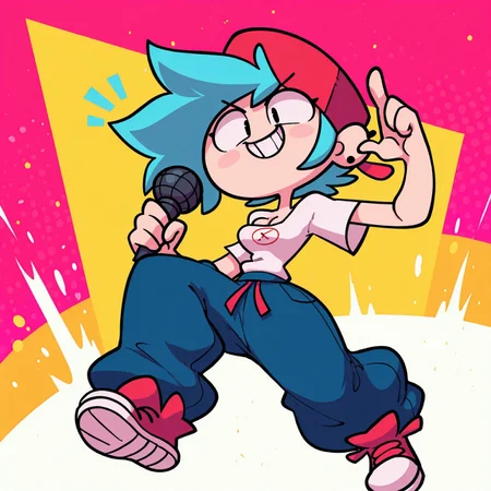 masterpiece, best quality, amazing quality, absurdres, dynamic angle, colorful background, color splash, diives, adventure time, valbun, huffslove,
BREAK,
BoyfriendFNF, 1girl, solo, perfect hands, spiky cyan hair, black eyes, smile, teeth, determined expression, backward pink-red cap, blue brim, magenta-white short-sleeved T-shirt with a red prohibition sign, (baggy blue pants:1.3), pink-red sneakers with magenta-white shoelaces, magenta-white soles, ear piercings, cleavage window, holding microphone, determined pose