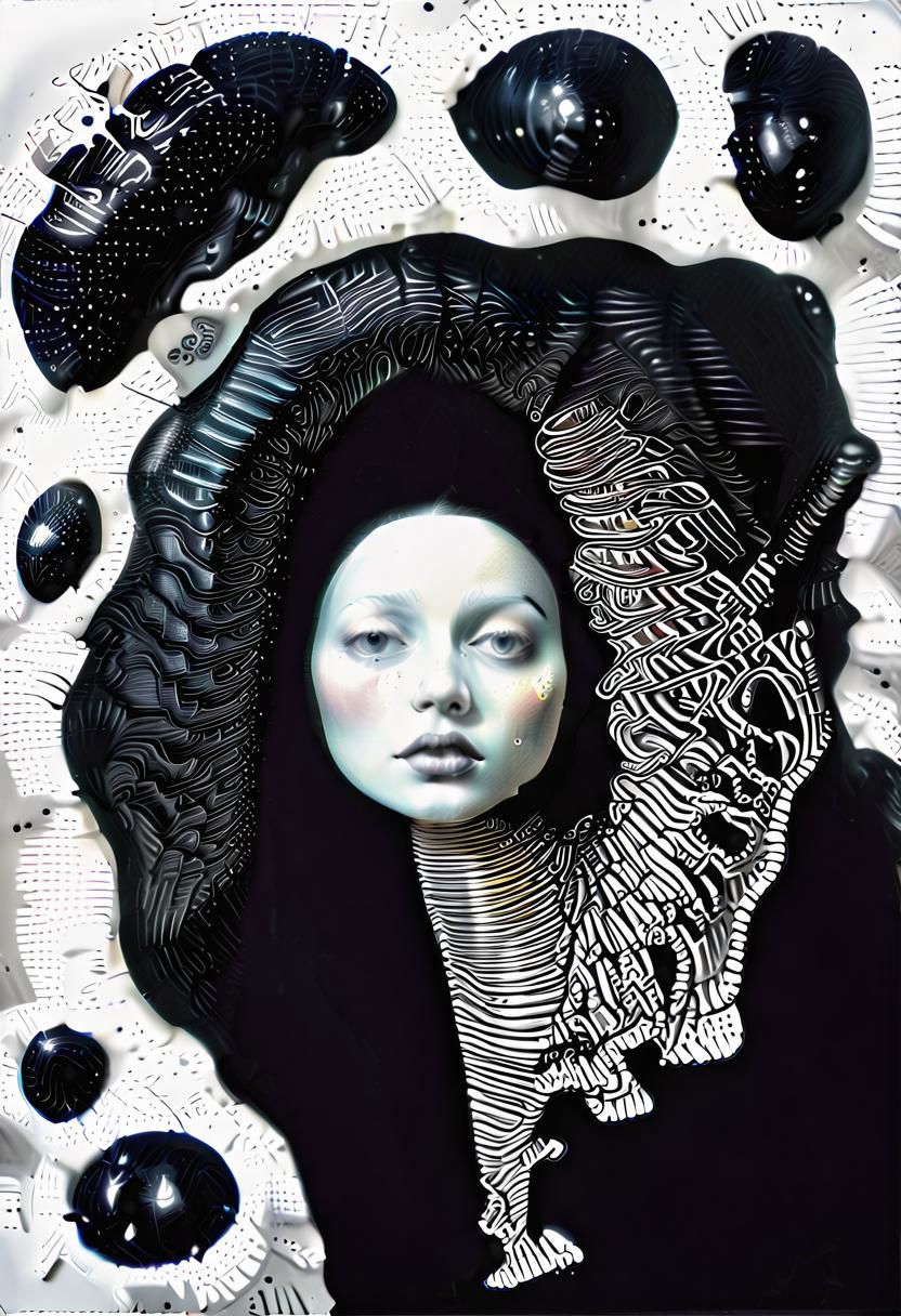 raw sketch of interwoven concrete cement pebbles cob cobblestone shell fishscales snakeskin, by Hans Bellmer, by Malevitch, by Kandinsky, Surreal psychedelic bizarre, psychedelic hallucination, pop surrealism, rough crosshatch drawing pop art Lunatic_Portrait of a young woman in latex Avant-garde Fashion page, slick back, low bun, black makeup, sinister expression, intense glare, (melting flesh covered in moss, rot, mold, bubbles, droplets:1.5), avant-garde, abstract, weird, geometric, constructivism, suprematism, rayonism, verticism, lineism, tj