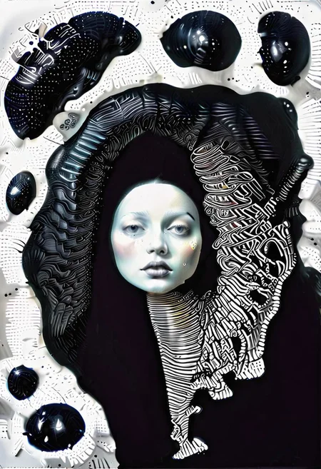 raw sketch of interwoven concrete cement pebbles cob cobblestone shell fishscales snakeskin, by Hans Bellmer, by Malevitch, by Kandinsky, Surreal psychedelic bizarre, psychedelic hallucination, pop surrealism, rough crosshatch drawing pop art Lunatic_Portrait of a young woman in latex Avant-garde Fashion page, slick back, low bun, black makeup, sinister expression, intense glare, (melting flesh covered in moss, rot, mold, bubbles, droplets:1.5), avant-garde, abstract, weird, geometric, constructivism, suprematism, rayonism, verticism, lineism, tj