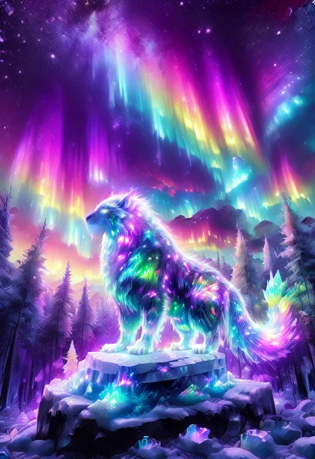 lazympos, morph-aurora, A platinum-tier animal sitting in an aurora-lit crystal forest, prismatic light shards refract through ice formations, glowing celestial patterns dance across its obsidian collar, hyper-detailed fur texture with rainbow iridescence, 8k resolution.