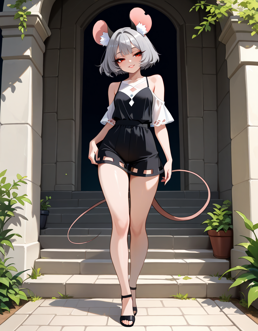 masterpiece, best quality, very aesthetic, absurdres,
outdoors,
full body,  standing, posing, 
seductive smile, parted lips, long eyelashes,
 <lora:Nazrin_v01_NAIXL:1>
N4zr1n,1girl,solo,mouse girl,mouse ears,animal ear fluff,short hair,bangs,grey hair,red eyes,mouse tail,