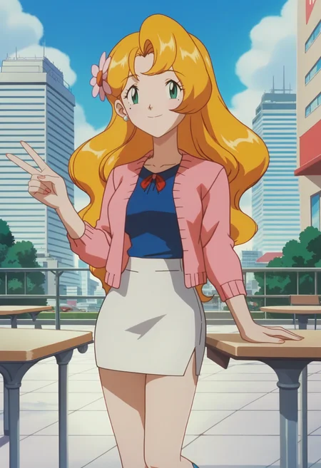 score_9, score_8_up, score_7_up, score_6_up, anime screencap, anime coloring, 1girl, solo, <lora:PMSensationalSisters_epoch_10:0.8>, PMDaisy, blonde hair, long hair, green eyes, hair flower, mole under eye,
pink cardigan, blue shirt, white skirt, pencil skirt, blue shoes,
smile, looking at viewer, v, 
BREAK outdoors, cafe, day, sunbeam, city, table,