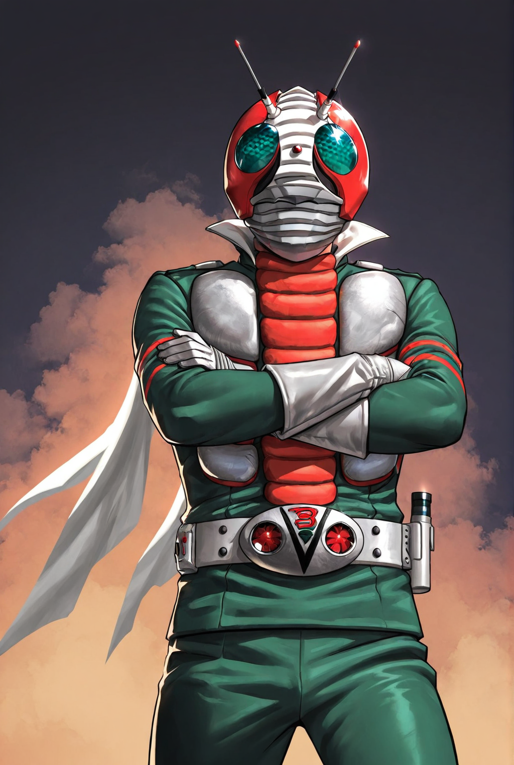 score_9,score_8_up,score_7_up,best quality,ultra-detailed,high resolution,digital painting,8k,1boy,solo,cowboy shot,male focus,detailed face,antennae,belt,helmet,gloves,tokusatsu,green bodysuit,scarf,standing,crossed arms,<lora:add-detail-xl:1>,<lora:Kamen RIder V3:0.8>,kamen r1der v3,<lora:LYDart StyleIlluLYCO:0.2>,ydart,