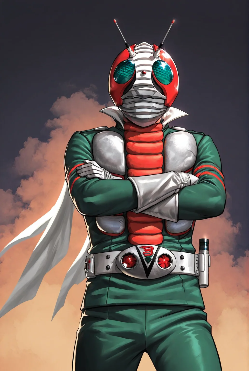 score_9,score_8_up,score_7_up,best quality,ultra-detailed,high resolution,digital painting,8k,1boy,solo,cowboy shot,male focus,detailed face,antennae,belt,helmet,gloves,tokusatsu,green bodysuit,scarf,standing,crossed arms,<lora:add-detail-xl:1>,<lora:Kamen RIder V3:0.8>,kamen r1der v3,<lora:LYDart StyleIlluLYCO:0.2>,ydart,