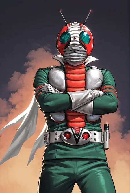 score_9,score_8_up,score_7_up,best quality,ultra-detailed,high resolution,digital painting,8k,1boy,solo,cowboy shot,male focus,detailed face,antennae,belt,helmet,gloves,tokusatsu,green bodysuit,scarf,standing,crossed arms,<lora:add-detail-xl:1>,<lora:Kamen RIder V3:0.8>,kamen r1der v3,<lora:LYDart StyleIlluLYCO:0.2>,ydart,