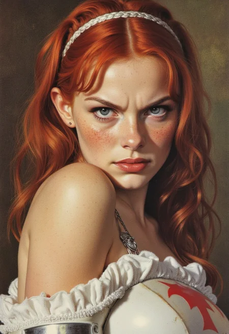 Frank Frazetta fantasy oil painting of  a fierce young redhead woman with red hair and freckles, bare shoulders with freckles, she is wearing gleaming white medieval knights fantasy armor, posing with an angry look on her face