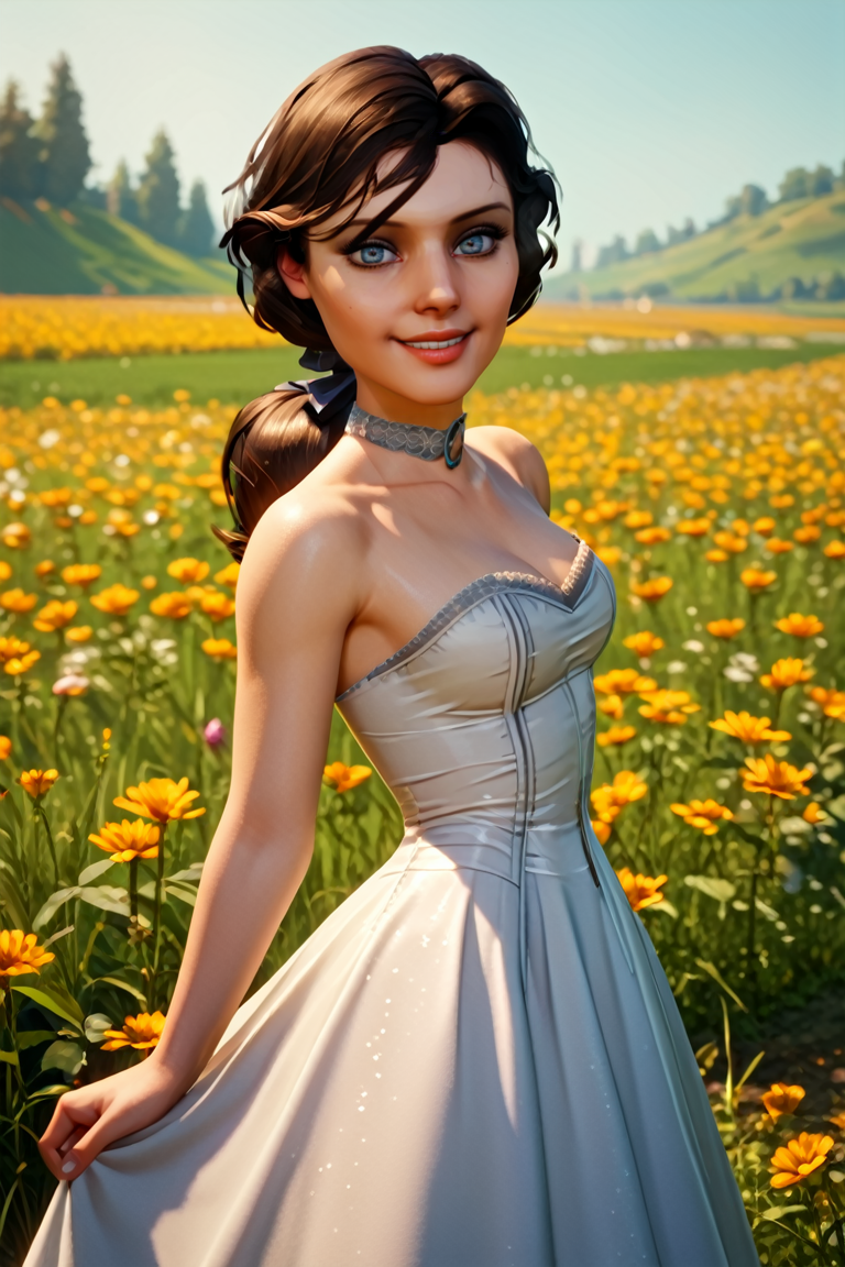 score_9, score_8_up, score_7_up, score_6_up, score_5_up, score_4_up
<lora:BioshockElizabeth:1.0>
BioshockElizabeth, 1girl, brown hair, ponytail, blue eyes, looking at viewer, in a field of tulips, golden hour, elegant dress, smiling