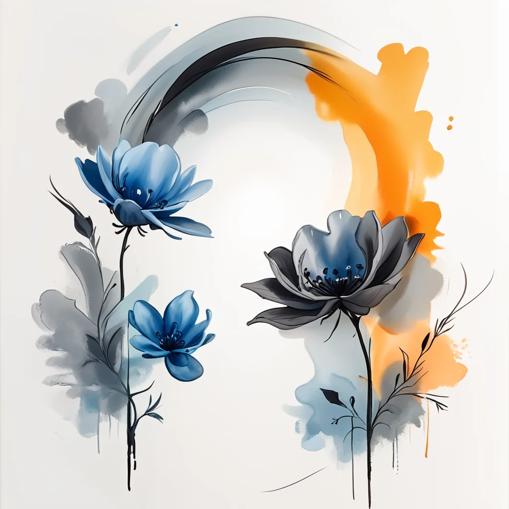 Score_9, score_8_up, score_7_up, score_6_up, BREAK <lora:Expressive_Watercolor_Ink_washPony:1> ArsMJStyle, Expressive Watercolor Ink Wash, The image is an abstract painting with a white background. In the center of the image there is a black circle with a blue flower in the middle. The flower is made up of multiple layers of blue and gray colors with the blue layer on the left side and the gray layer in the center. The blue layer is slightly larger than the orange layer creating a contrast between the two colors. The black circle is curved and has a few splashes of orange and yellow paint scattered around it. The overall style of the painting is modern and minimalistic., no humans, flower, white background, simple background, still life, traditional media, blue flower
