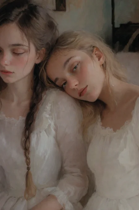 Impressionist painting graphic novel, masterpiece, extremely detailed, realistic painting, Wide range of colors., Dramatic,Dynamic,Cinematic,Sharp details
Insane quality. Insane resolution. Insane details. Masterpiece. 32k resolution.
in the 19th century, two girls sitting next to each other, dressed in white dresses, in a room with a bed and a chest of drawers in the background, one of them rests her head on the shoulder of her friend, gaze full of reveries and contemplation, Elinor Proby Adams, arthouse, an impressionist painting, neo-romanticism
<lora:MJ52:0.6> <lora:add-detail-xl:1.5> <lora:Cute_Drawing:0.3> . Loose brushwork, vibrant color, light and shadow play, captures feeling over form
