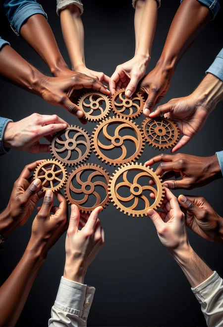 A collaborative scene featuring multiple hands of diverse individuals working together to connect wooden gears, symbolizing teamwork and cooperation. Each hand delicately holds a gear, fitting them into place to form an interconnected mechanism. The gears have a natural, polished wood texture, standing out against a muted, gradient black-gray background, which adds a subtle sophistication and ensures the focus remains on the hands and gears. The composition emphasizes harmony, coordination, and collective effort <lora:aidmaDall-E3-FLUX-v0.1.safetensors:1.0>,