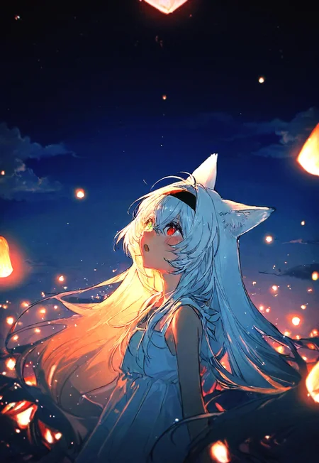 (rella:1.2), 1girl, solo, floating hair, :o, fang, blush, red eyes, green eyes, black headband, hair intakes, white hair, absurdly long hair, heterochromia, fox ears, sundress, white dress, slit pupils, crossed bangs, paper lantern, sky lantern, night, looking up, cloud, upper body, looking afar, dark, light, light particles