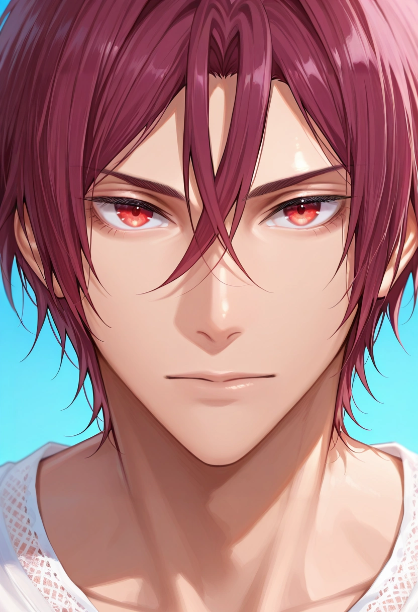 masterpiece, best quality, intricate details, (photorealistic:0.6), looking at viewer, 1boy, solo, male focus, <lora:rin_matsuoka_ilxl:1>, rin_matsuoka, red hair, red eyes, hair between eyes, ,