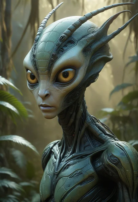 masterpiece, highly detailed, realistic, alien species (futuristic alien) with matte black veined skin, strange runes, insectoid body, luminous light brown eyes, short stubby antennae, webbed limbs, frills,cybernetic implants, set in a lush alien jungle, filled with colossal trees, strange plant life, luminous insects, hidden alien creatures, at twilight, <lora:alien-species:0.8>